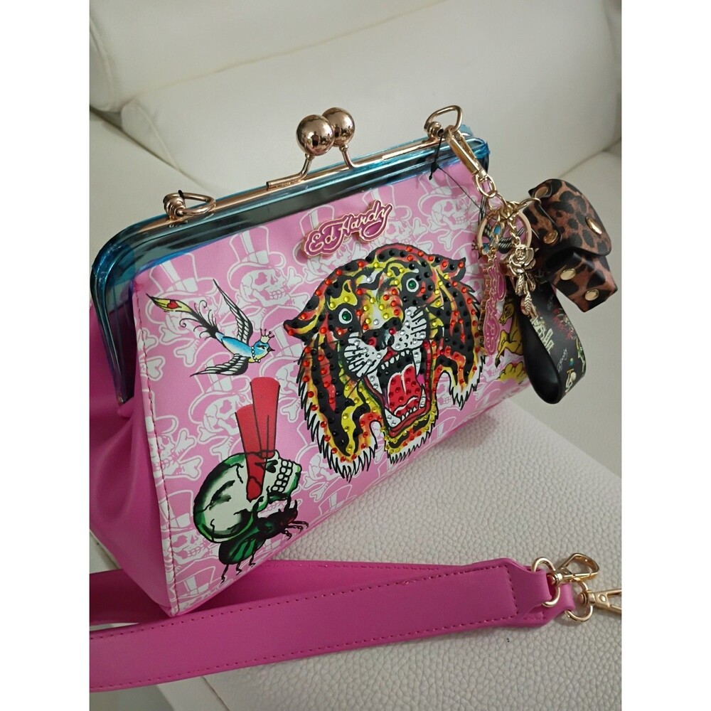 Ed Hardy Pink Tiger Kiss Lock Purse Rhinestone Shoulder With Key Chain+Coin Bag